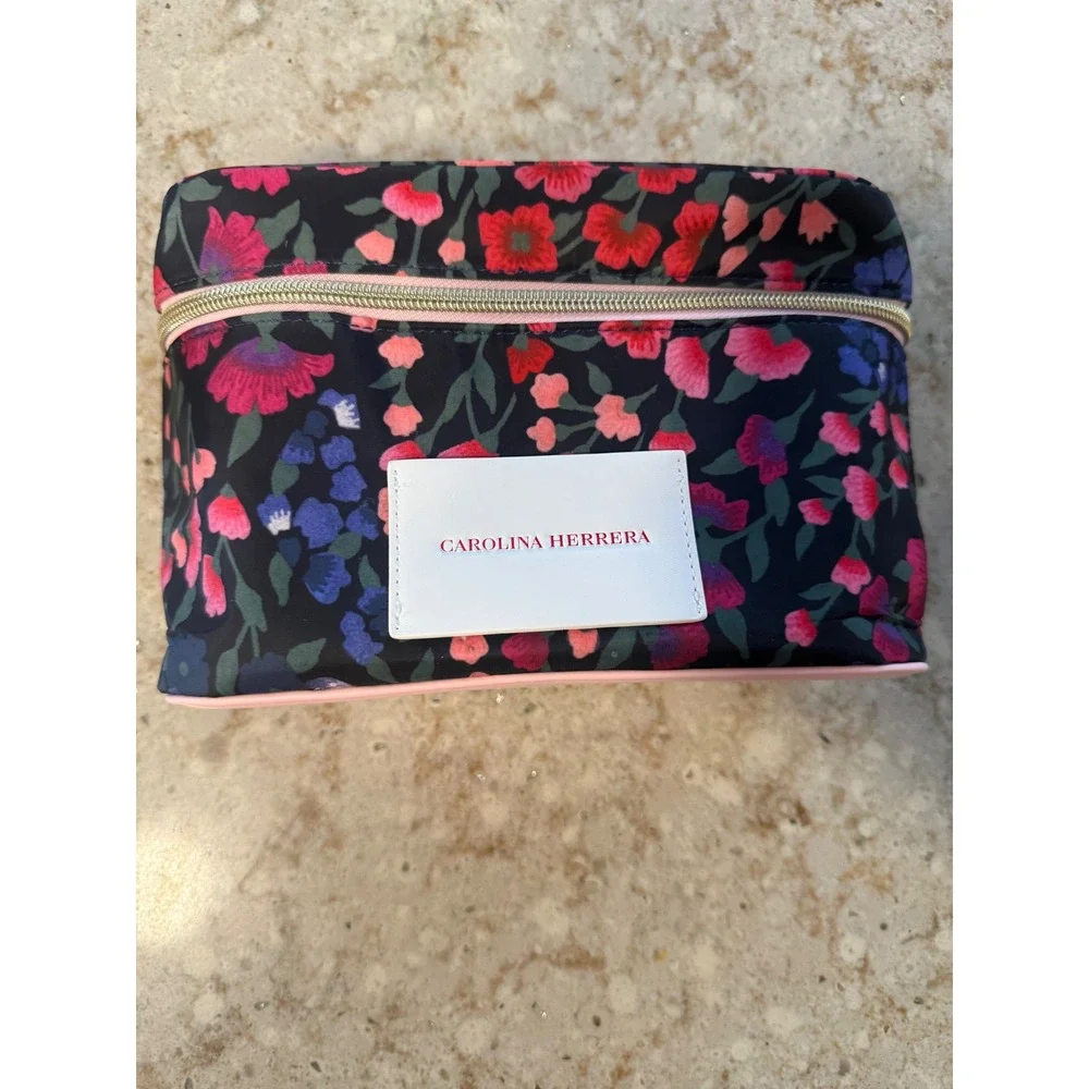 Carolina Herrera Floral Toiletry Bag Pink Red Blue Makeup Case Travel Pouch NEW